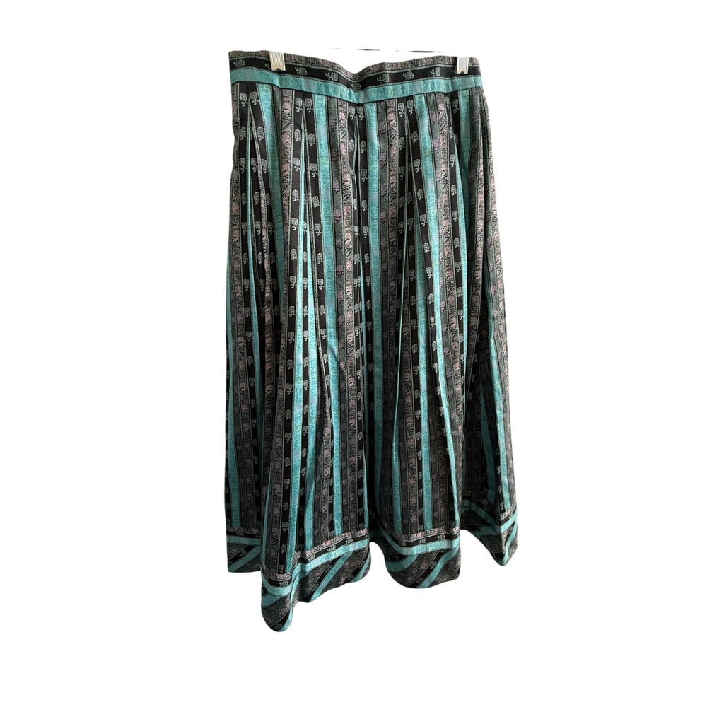 VTG‎ Geiger Teal Black Floral Striped Pleated Cotton Dirndl Skirt Size 40 - Picture 6 of 9